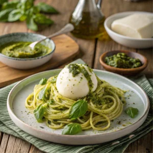 A plate of burrata pasta coated in vibrant green pesto sauce, topped with a ball of creamy burrata and fresh basil leaves, with a rustic wooden table and Parmesan wedge in the background