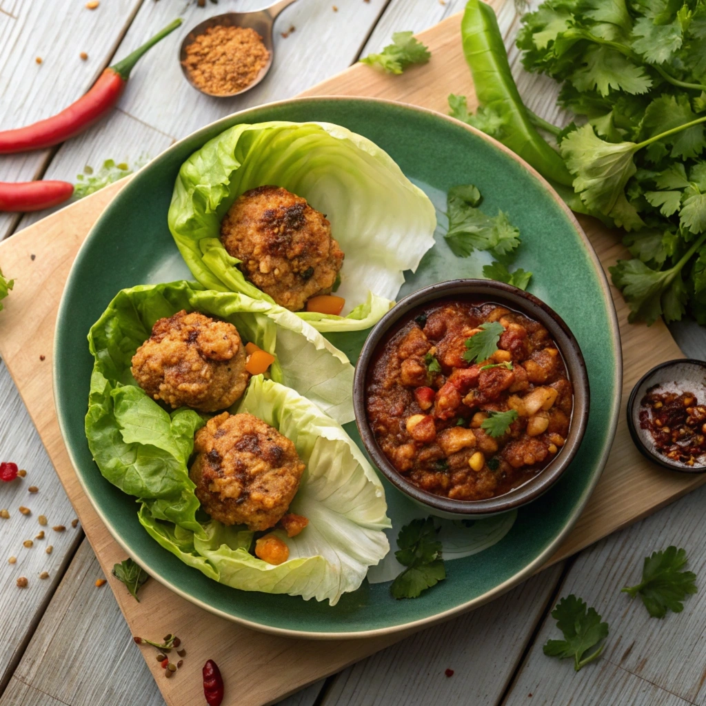 A plate showcasing lettuce wraps, baked chicken meatballs, and a bowl of chili made with ground chicken.