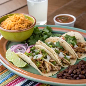 Pollo asado tacos served with rice, beans, and a margarita on a festive table.