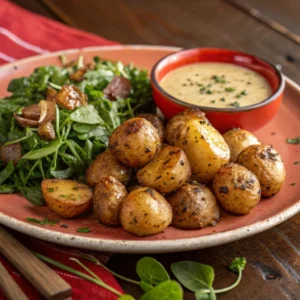 Garlic Herb Roasted Little Potatoes served with fresh greens and dipping sauce on a wooden table.