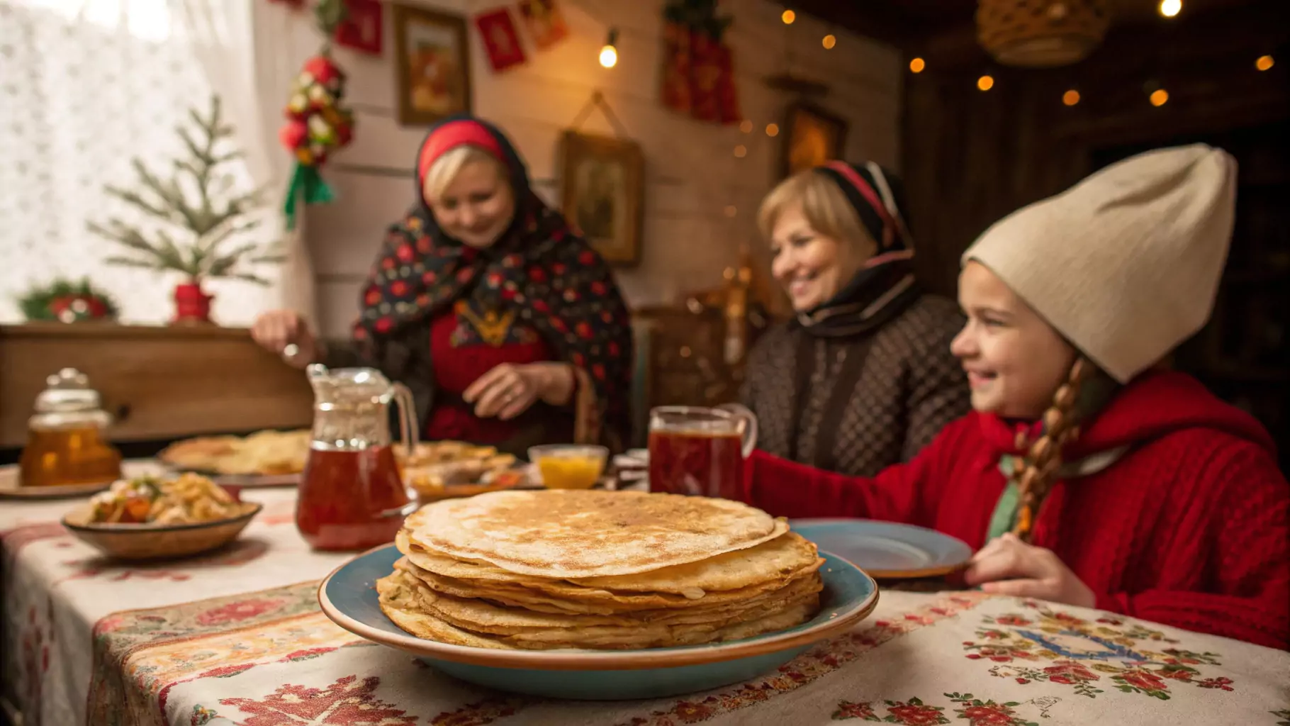 A festive gathering of people celebrating Maslenitsa, a Russian festival where stacks of golden blini pancakes are served with butter, sour cream, and caviar.