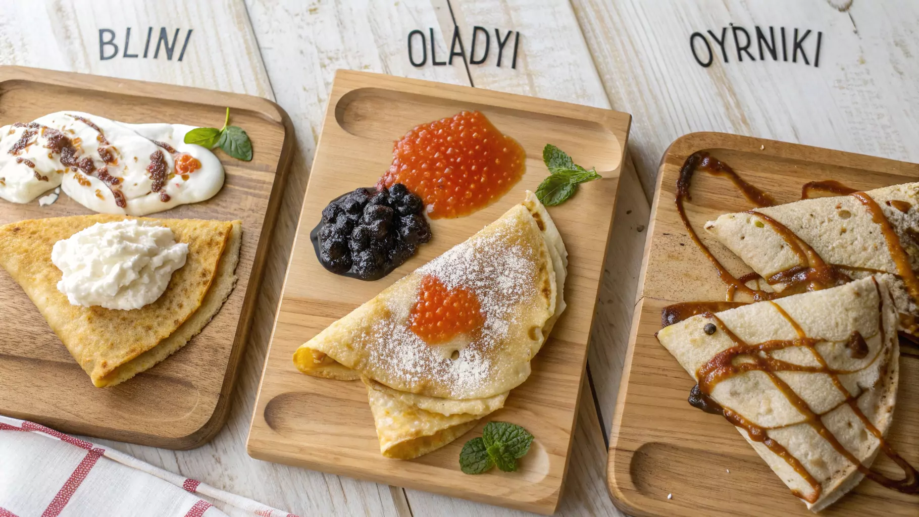 A side-by-side presentation of three classic Russian pancakes: thin blini folded with caviar, fluffy oladyi dusted with powdered sugar, and rich syrniki served with honey and berries.