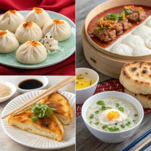 Collage of regional Chinese breakfast dishes: steamed buns, congee, youtiao with soy milk, and naan with yogurt