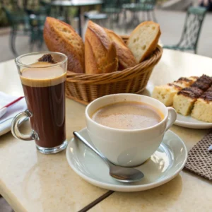 Café au lait, black coffee, and hot chocolate served with buttered baguette slices (tartines) on a breakfast table