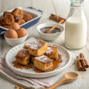 Homemade French Toast Bites dusted with powdered sugar, served with syrup in a cozy kitchen setting