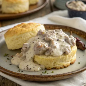 Sausage Gravy Biscuit with creamy sausage gravy and a sprinkle of pepper