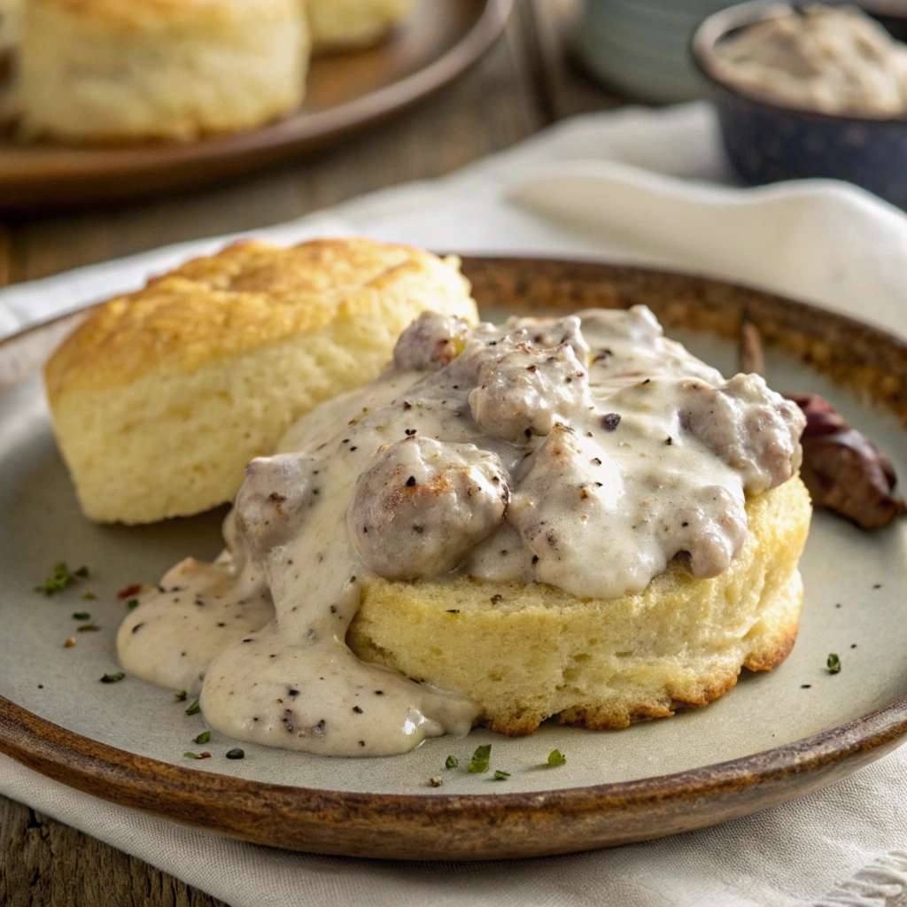 Sausage Gravy Biscuit with creamy sausage gravy and a sprinkle of pepper