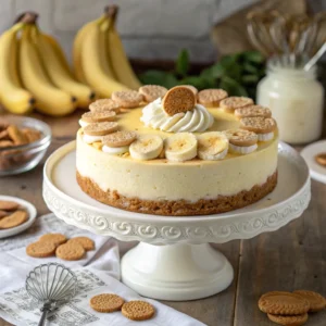 A rich banana pudding cheesecake with a vanilla wafer crust, creamy banana-flavored filling, and whipped topping. 