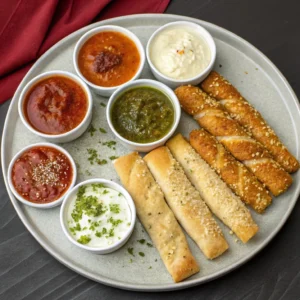 A variety of dipping sauces including marinara, garlic butter, ranch, and pesto with a plate of pizza sticks