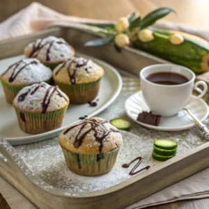 Courgette and chocolate muffins served with powdered sugar, melted chocolate, and coffee on a brunch table.