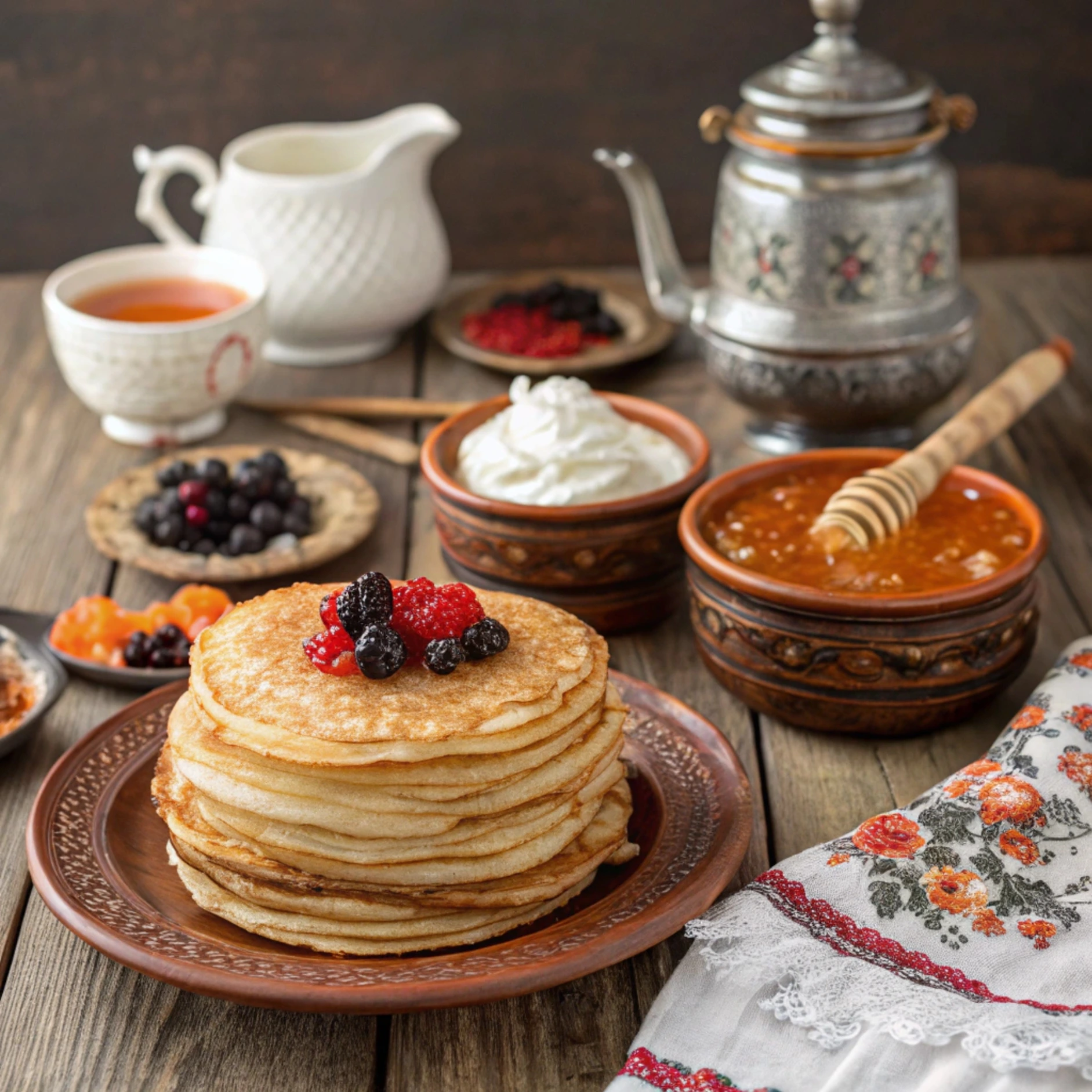 A Russian pancake, or blini, is made of flour, eggs, milk, water, sugar, and yeast or baking soda, creating a thin, soft texture.