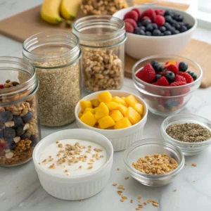 Prepped breakfast bowl ingredients including grains, fruits, yogurt, and toppings in containers