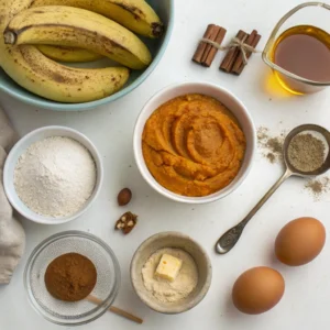 Flat lay of pumpkin banana bread ingredients, including bananas, pumpkin puree, brown sugar, spices, and flour.