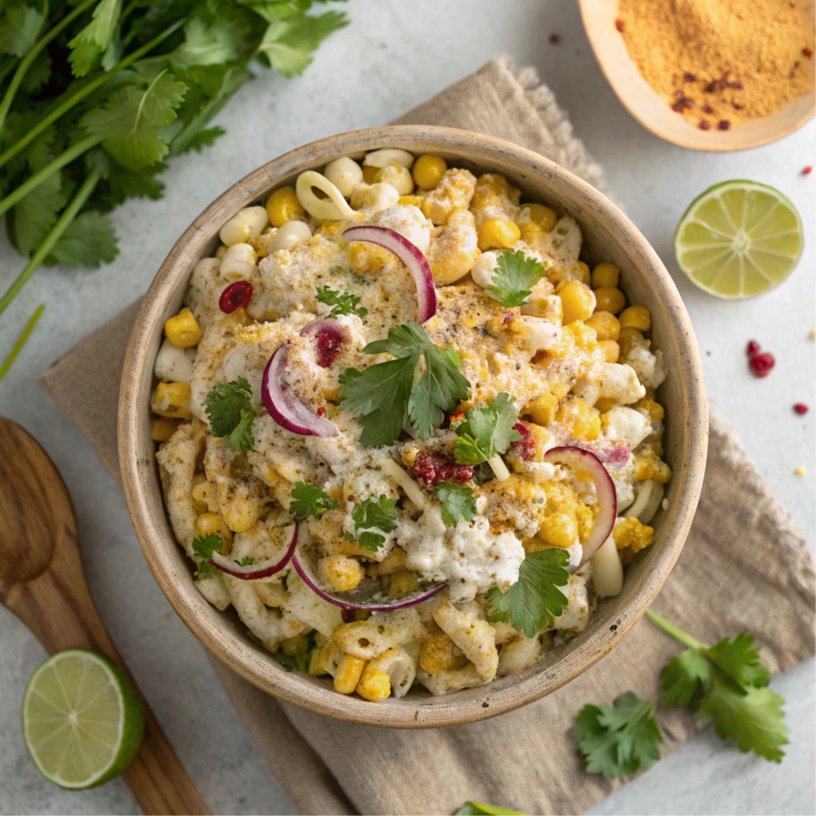 A large rustic ceramic bowl filled with creamy Elote Pasta Salad, garnished with crumbled cotija cheese, chili powder, fresh cilantro, and lime wedges. The dish sits on a neutral textured surface with scattered cilantro leaves and lime halves for a fresh, vibrant look