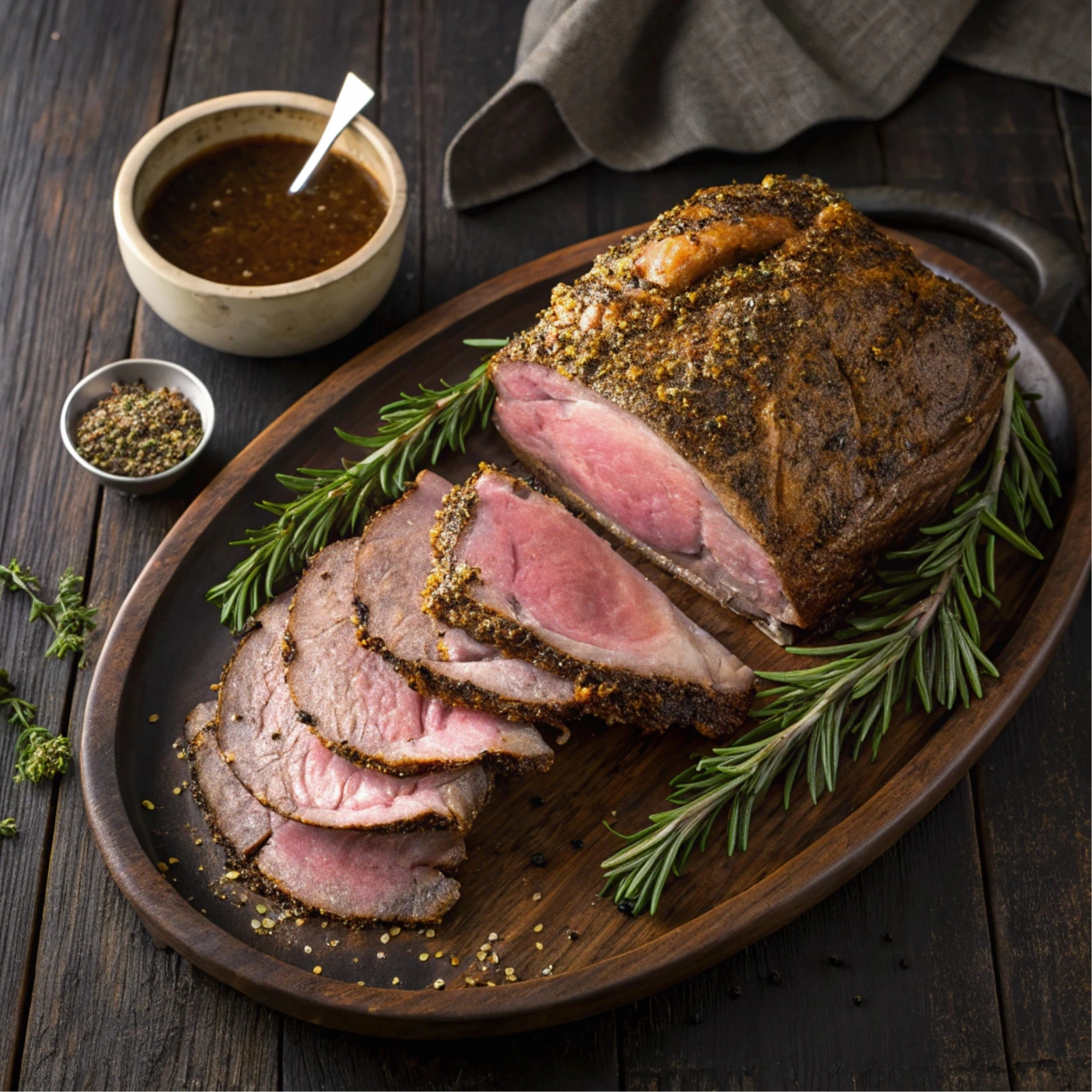 Perfectly cooked prime rib roast with a golden-brown herb crust, sliced to show a tender, medium-rare interior, garnished with fresh rosemary and garlic