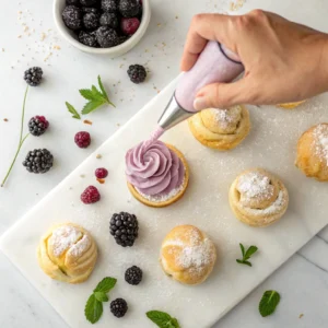 Blackberry cream puffs being assembled with whipped cream and garnished with fresh blackberries