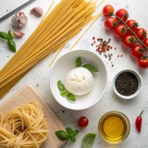 An overhead shot of fresh ingredients for burrata pasta, including uncooked pasta, a ball of burrata cheese, cherry tomatoes, basil leaves, garlic cloves, olive oil, and red pepper flakes, neatly arranged on a bright kitchen surface