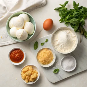 Overhead shot of ingredients: burrata cheese, flour, eggs, breadcrumbs, Parmesan, and tomato sauce