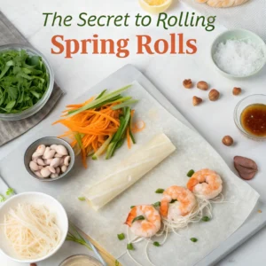 The secret to rolling spring rolls is to soften the wrapper in warm water, layer the filling evenly, and roll tightly but gently. 