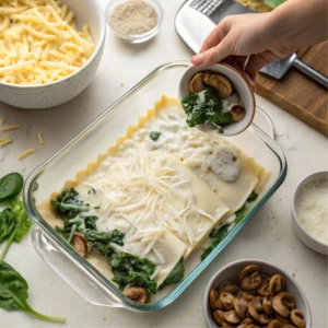 A slice of vegetable lasagna with white sauce on a plate, showing distinct layers of pasta, sautéed vegetables, creamy béchamel, and melted golden cheese, garnished with fresh parsley and served with a side of salad and garlic bread