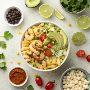 An overhead view of a customizable Elote Pasta Salad spread with small bowls of add-ins, including grilled chicken, shrimp, black beans, avocado chunks, cherry tomatoes, and diced jalapeños. The main pasta salad bowl sits in the center, surrounded by garnishes like lime wedges, chili powder, and cotija cheese on a neutral surface