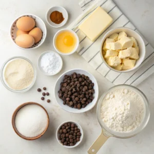 Flat lay of ingredients for mini chocolate chip muffins, including flour, eggs, butter, and chocolate chips