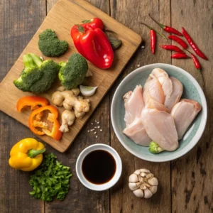 Ingredients for Hunan chicken, including chicken, bell peppers, garlic, ginger, and chili peppers, laid out on a wooden surface