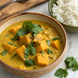 Curried kabocha squash in a coconut milk-based sauce with cilantro garnish