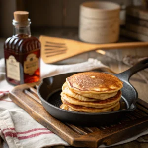 A plate of fluffy Cracker Barrel-style pancakes, golden-brown and topped with butter, served with syrup and fresh fruit.

