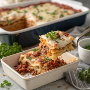 A freshly baked Ronzoni lasagna in a glass dish with a golden, cheesy top garnished with fresh basil