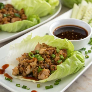 Ground chicken lettuce wraps garnished with green onions and served with dipping sauce.