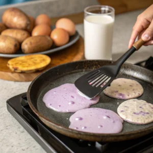 Fluffy pancakes infused with sweet, nutty taro flavor, offering a unique and vibrant twist on a breakfast classic. 