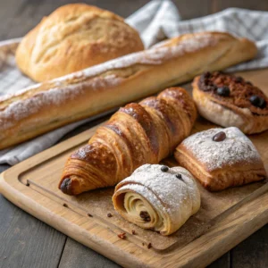 French pastries including croissants, pain au chocolat, and baguette on a wooden cutting board