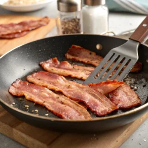 Turkey bacon strips cooking in a skillet, being pressed with a spatula for even browning.