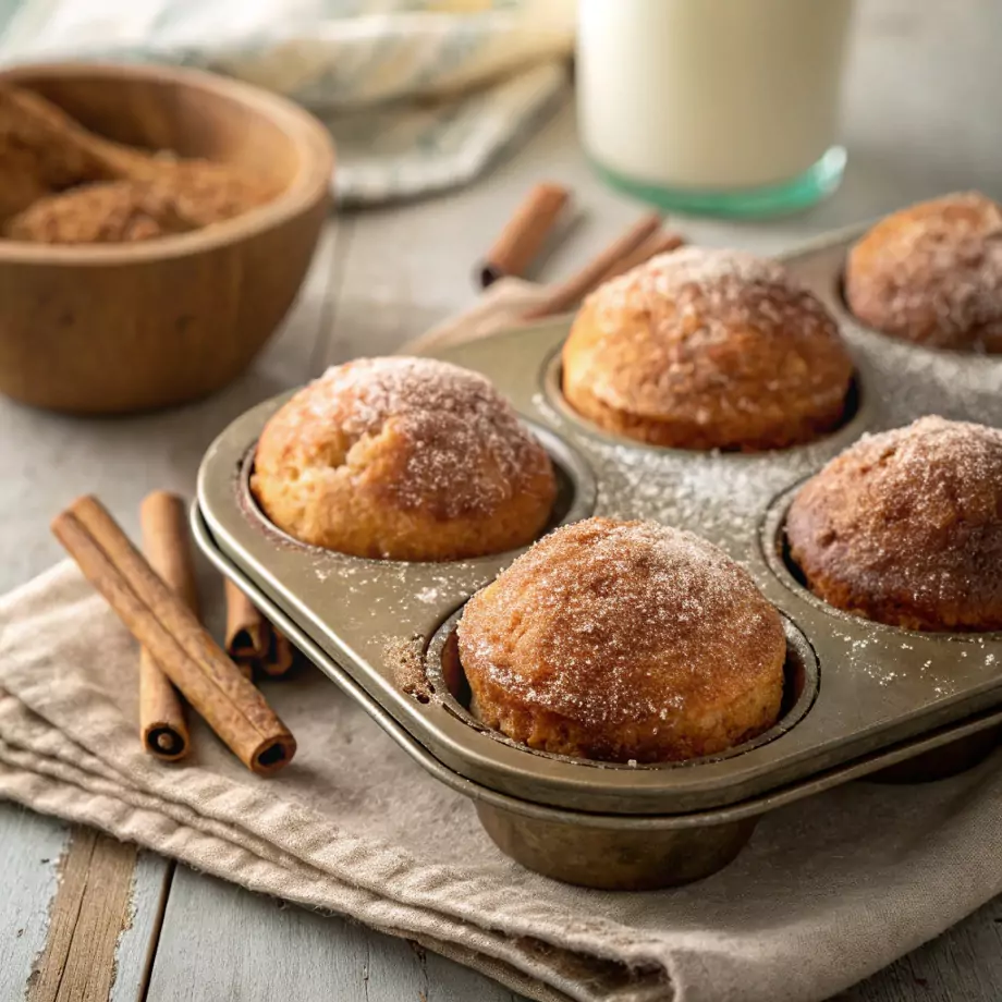 Close-up of golden brown vegetarian cinnamon sugar donut muffins coated in cinnamon sugar, sitting in a rustic muffin tin with soft, cozy lighting.
