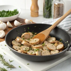 Cream Italian chicken sausage slices browning in a skillet with garlic and herbs.