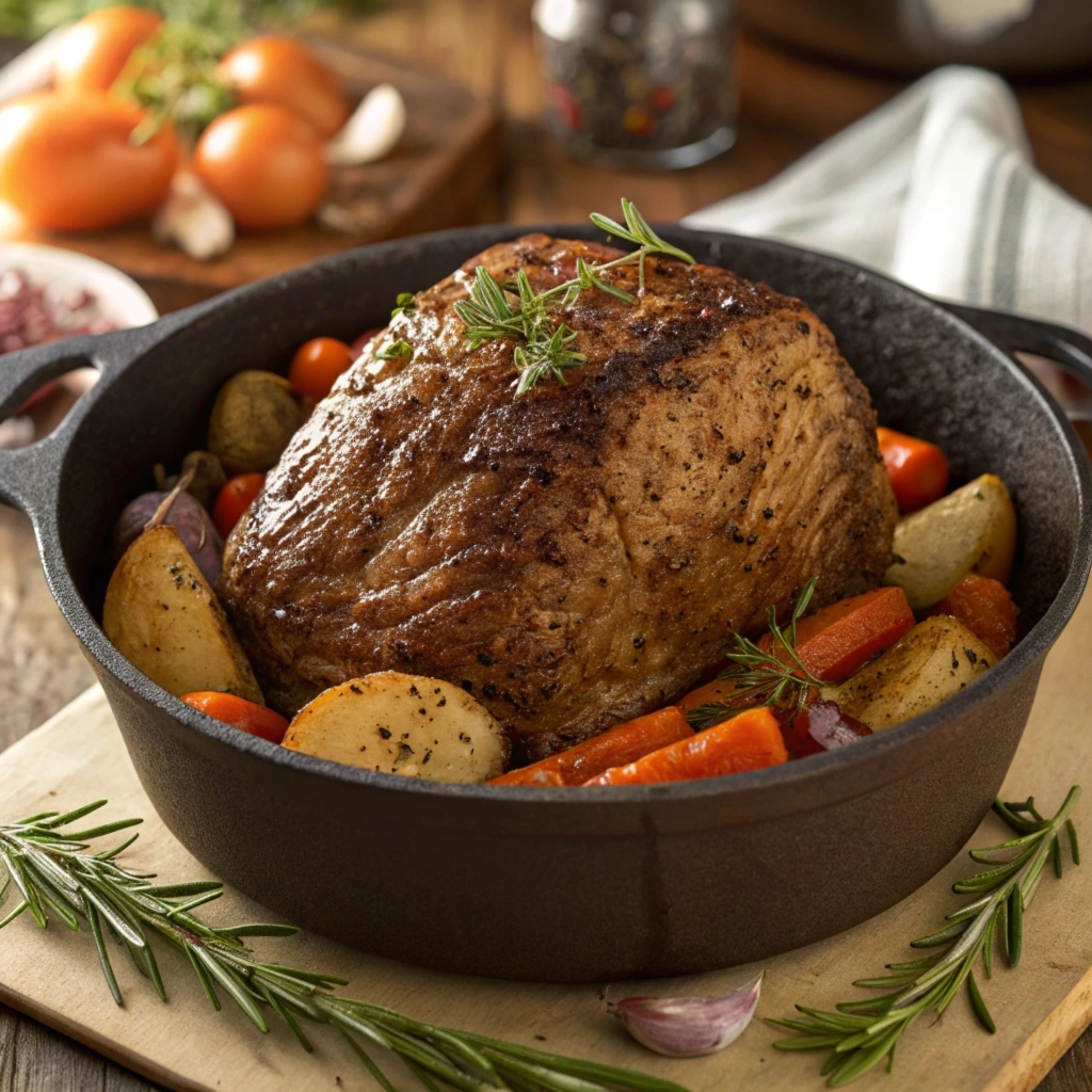 A perfectly cooked pot roast with a golden-brown crust, surrounded by seasoned vegetables like carrots, potatoes, and onions in a rustic cast-iron pan. The seasoning of garlic, pepper, and herbs is visible on the meat