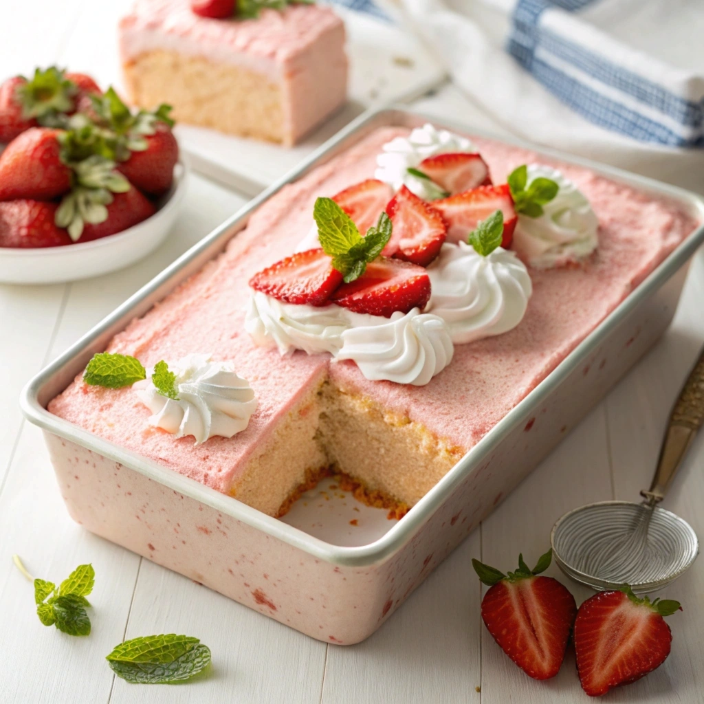 A close-up of a strawberry tres leches cake in a rectangular dish, featuring a light pink sponge soaked in strawberry milk, topped with fluffy whipped cream and garnished with fresh strawberries and mint leaves