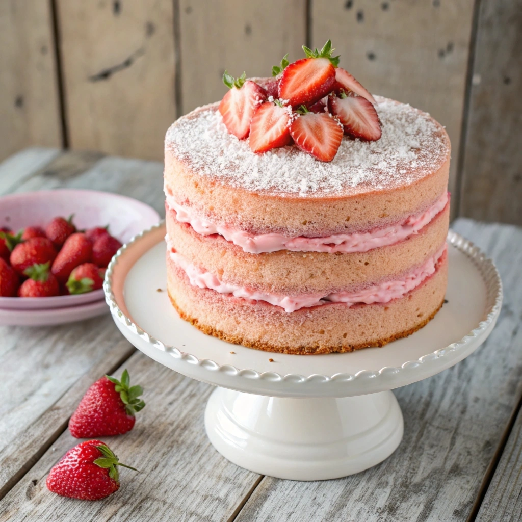 A two-layer gluten-free strawberry cake with pink sponge and strawberry buttercream frosting, topped with fresh strawberry slices and powdered sugar.