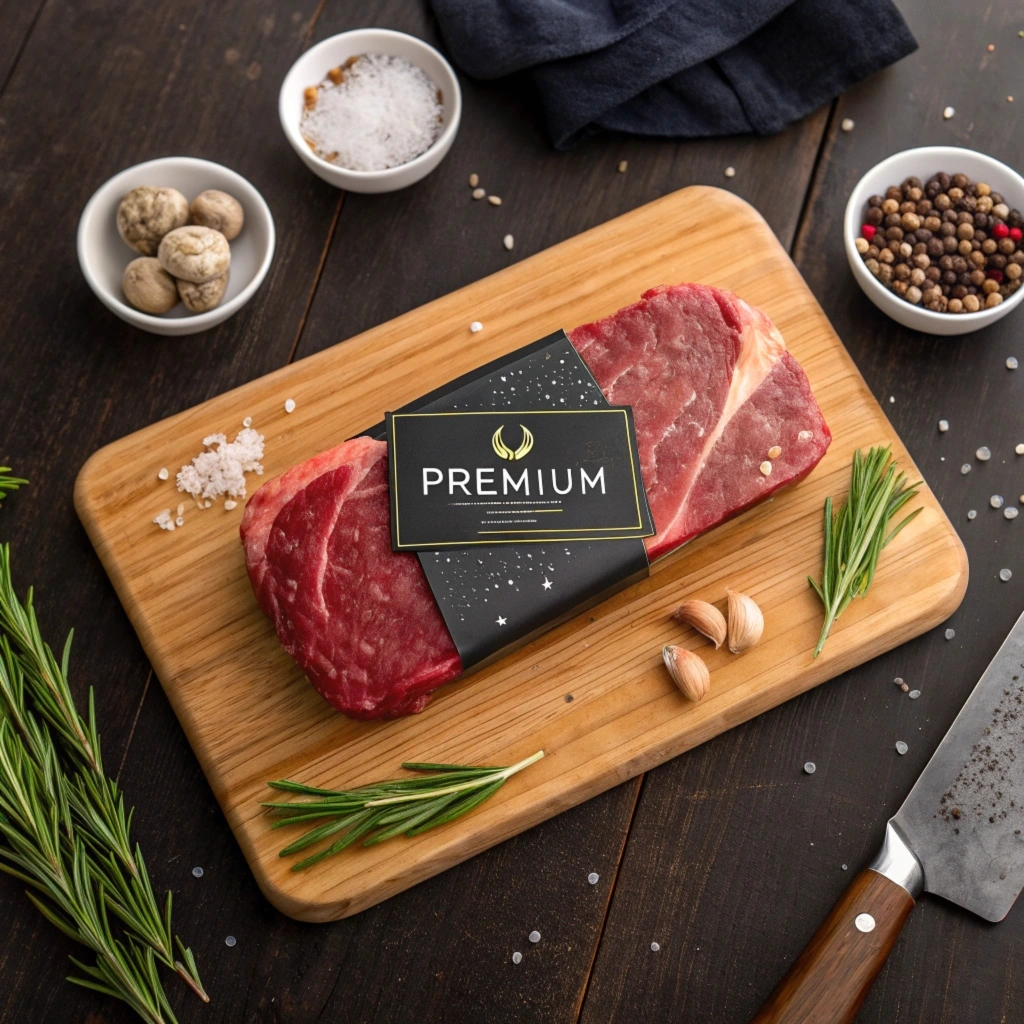 Raw flat iron steak on a wooden cutting board with a black label, surrounded by fresh thyme, garlic, peppercorns, and a chef’s knife on a rustic wooden surface