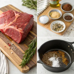 A three-panel collage showing the process of seasoning a pot roast: a raw beef roast on a cutting board, spices being rubbed onto the meat, and the final seasoned roast ready for cooking in a cast-iron pan