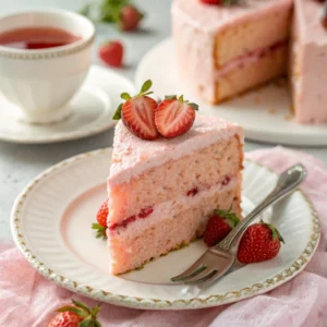 A close-up of a single slice of gluten-free strawberry cake on a white plate, showing pink sponge, creamy strawberry frosting, and a fresh strawberry garnish.