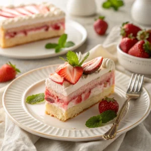 A slice of strawberry tres leches cake on a white dessert plate, showing moist pink layers and whipped cream topping, garnished with fresh strawberry slices and a sprig of mint, placed on a table with a fork nearby