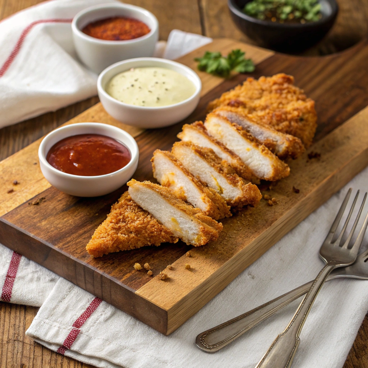 Crispy Chicken Fritta served with marinara, ranch, and honey mustard dips