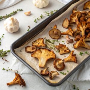 Crispy roasted maitake mushrooms on a baking tray with garlic cloves and fresh thyme for added flavor