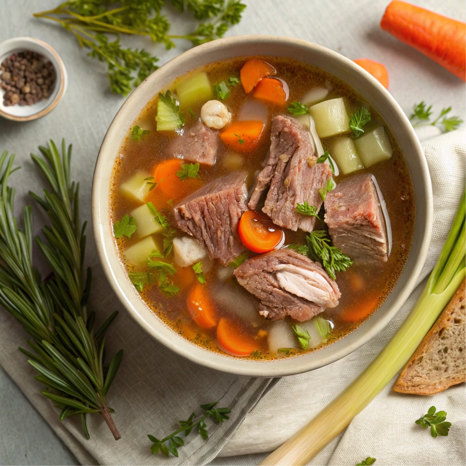 Prime rib soup served in a rustic kitchen setting with chunks of tender beef, carrots, celery, and potatoes in a rich broth, garnished with fresh parsley and paired with crusty bread