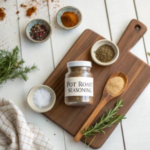 A flat-lay image of pot roast seasoning ingredients, including bowls of salt, black pepper, garlic powder, onion powder, paprika, dried thyme, and rosemary, with a vintage wooden spoon and a small glass jar labeled 'Pot Roast Seasoning' on a wooden countertop