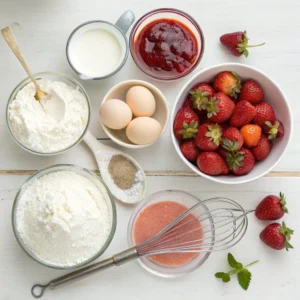 A flat-lay image displaying ingredients for strawberry tres leches cake, including bowls of flour, eggs, sugar, strawberry milk, condensed milk, evaporated milk, heavy cream, fresh strawberries, and strawberry syrup, arranged on a wooden surface