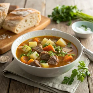 Prime rib soup served in a rustic kitchen setting with chunks of tender beef, carrots, celery, and potatoes in a rich broth, garnished with fresh parsley and paired with crusty bread