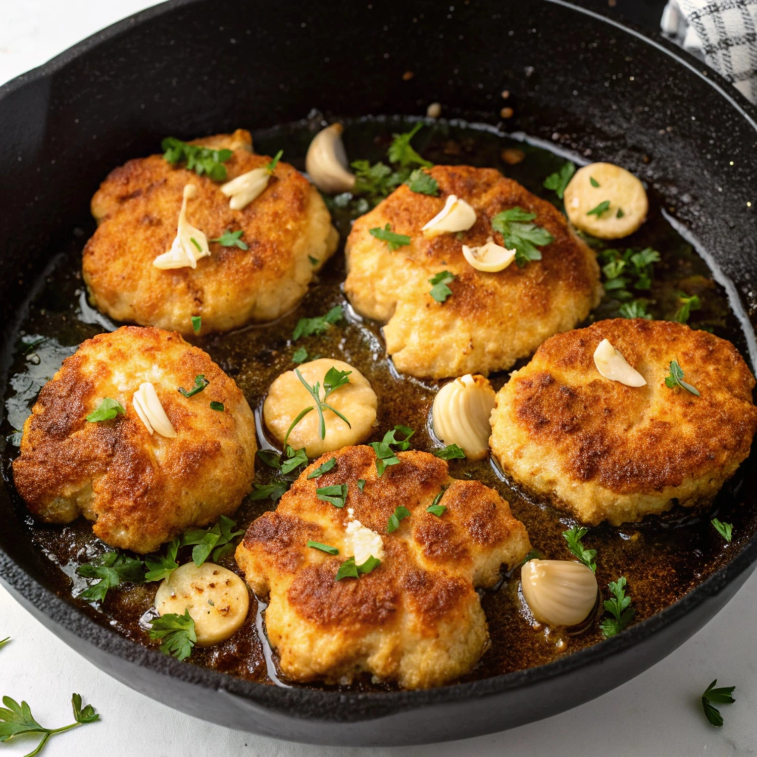 Golden brown lion's mane mushrooms sautéed with butter, garlic, and parsley.